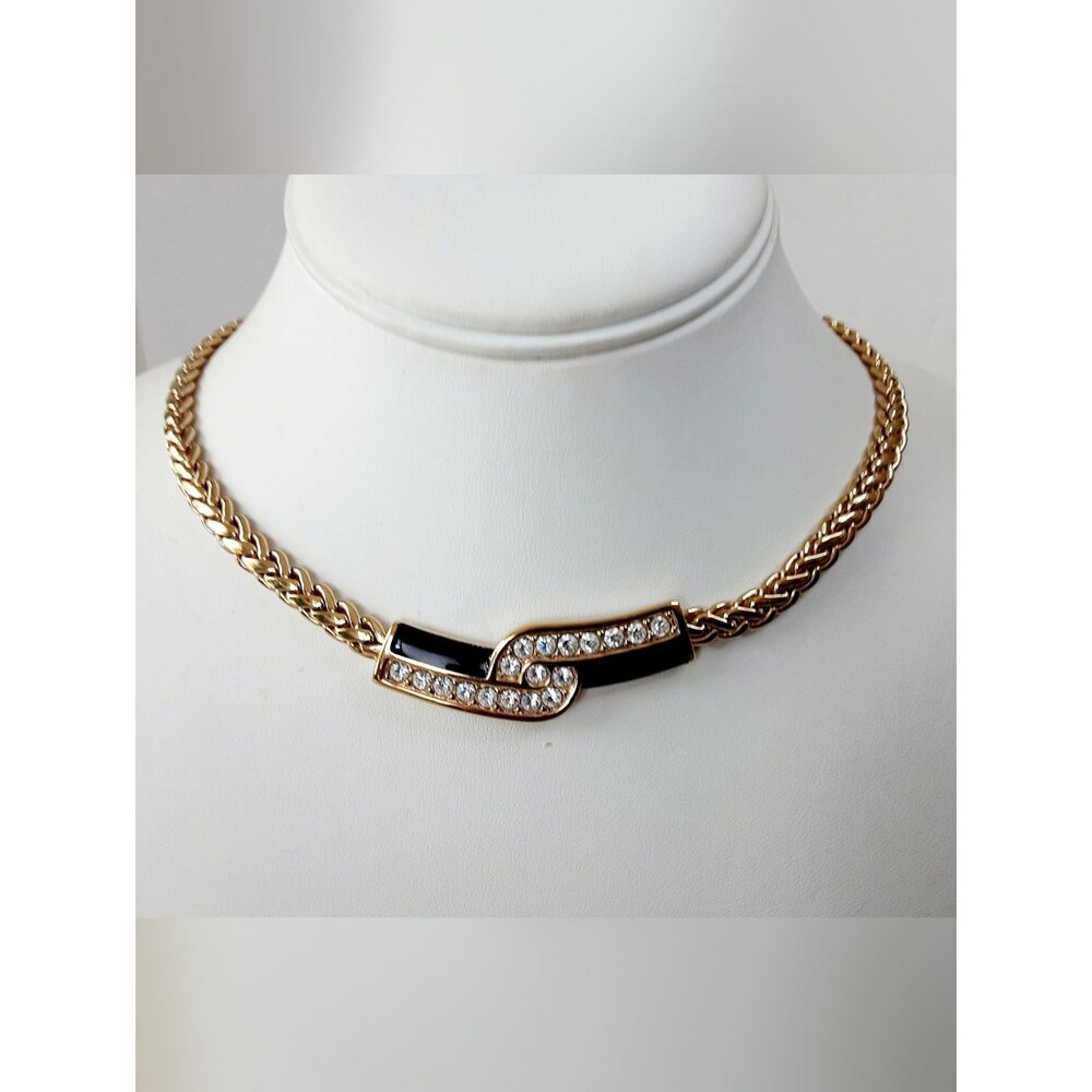 SWAROVSKI Swan Crystals Black Enamel Gold Pleated Wide Link Chain Necklace - Vtg
